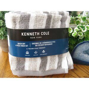 New Kenneth Cole Home Gray & White Striped Cotton Face Bath Wash Cloth Set of 4